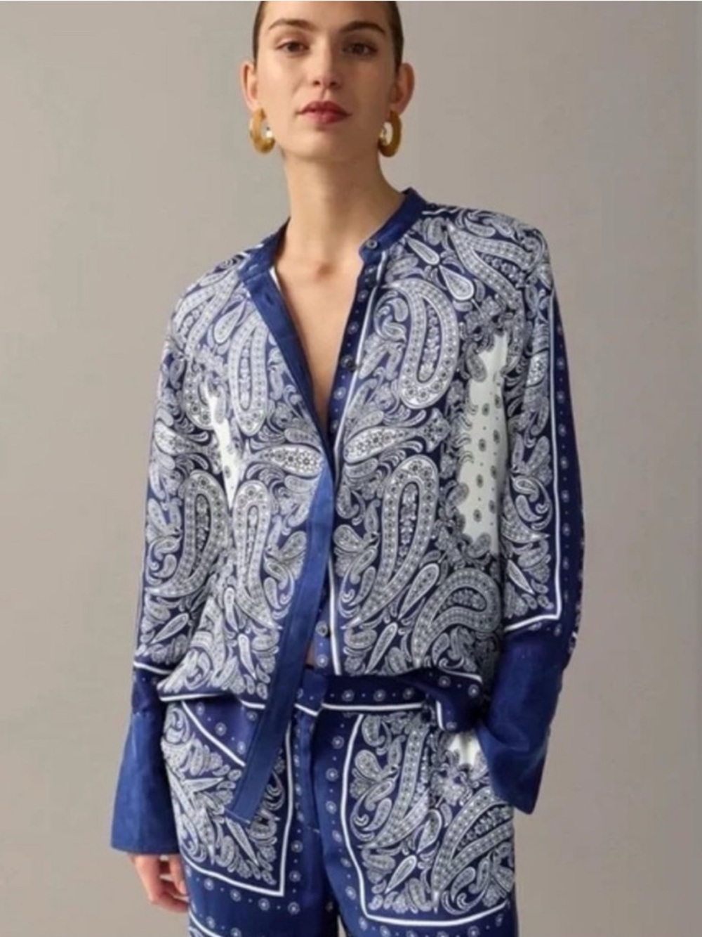 J. Crew Collection Collarless Classic-Fit Shirt in Paisley Scarf Print Size 14